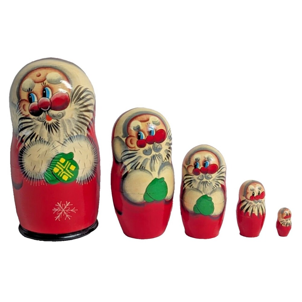 Russian Santa Clause Nesting Dolls Hand Painted Wood 4pc 5.5-in Holiday Gift